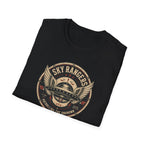 Sky Rangers UFO badge t-shirt with wings, saucer and vintage 1947 squadron patch design, folded, black