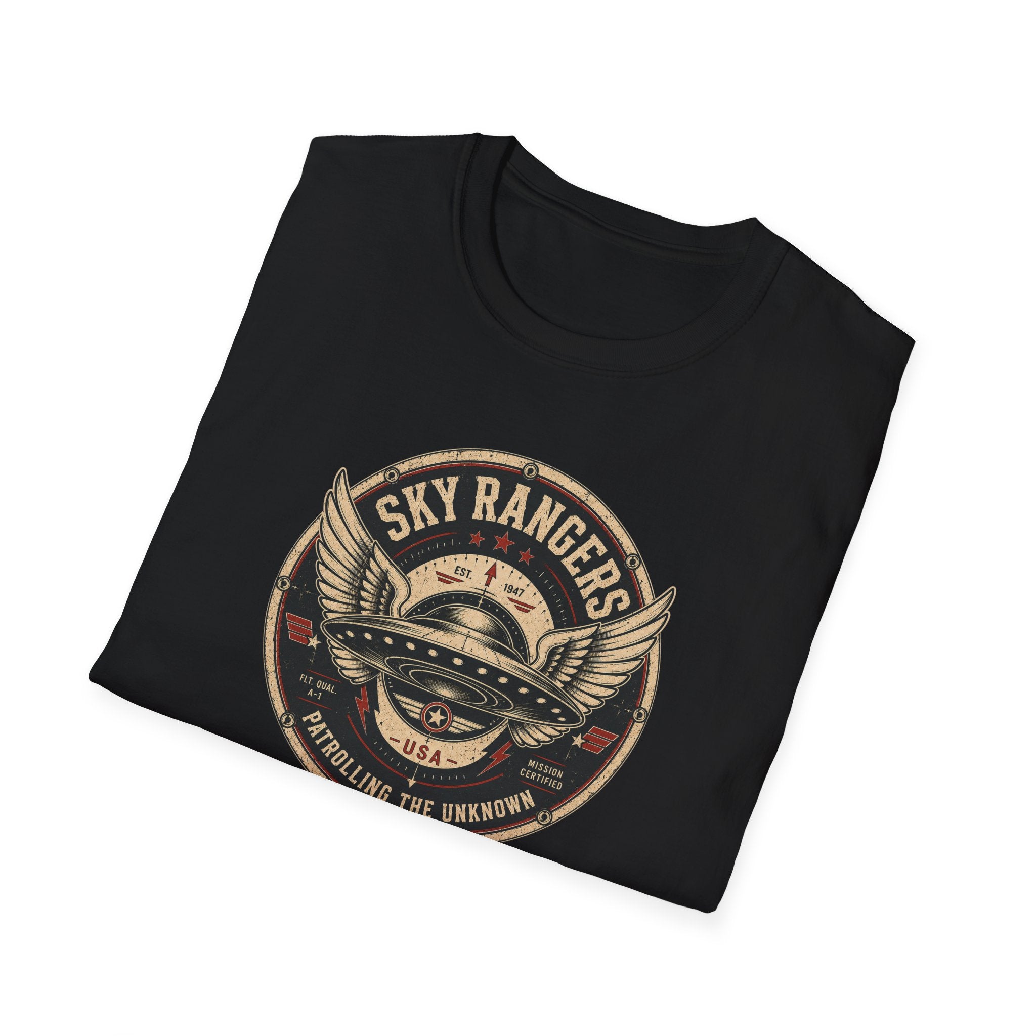 Sky Rangers UFO badge t-shirt with wings, saucer and vintage 1947 squadron patch design, folded, black