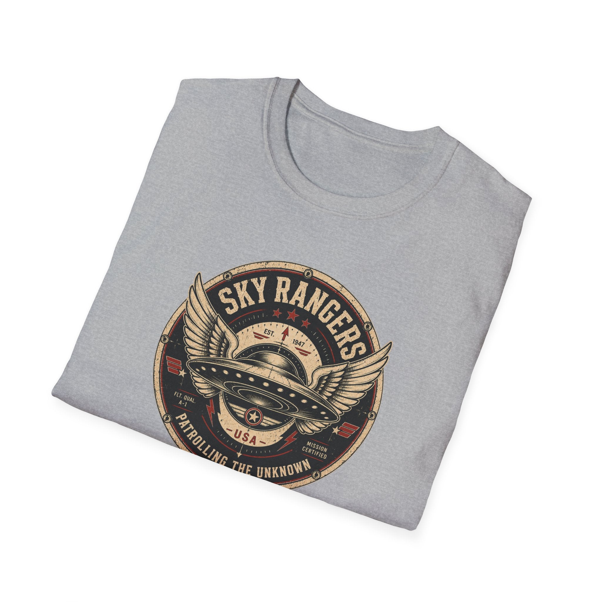 Sky Rangers UFO badge t-shirt with wings, saucer and vintage 1947 squadron patch design, folded, grey
