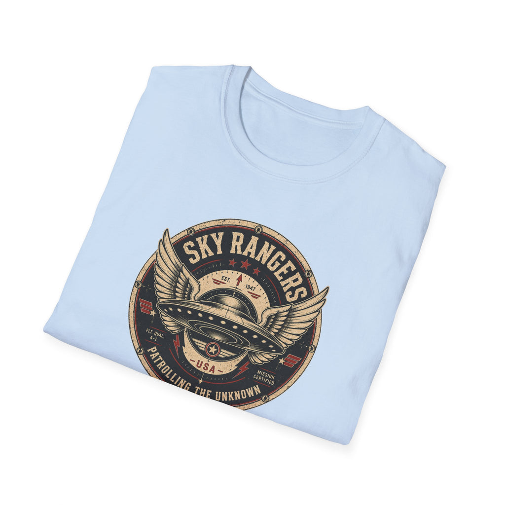 Sky Rangers UFO badge t-shirt with wings, saucer and vintage 1947 squadron patch design, folded, light blue
