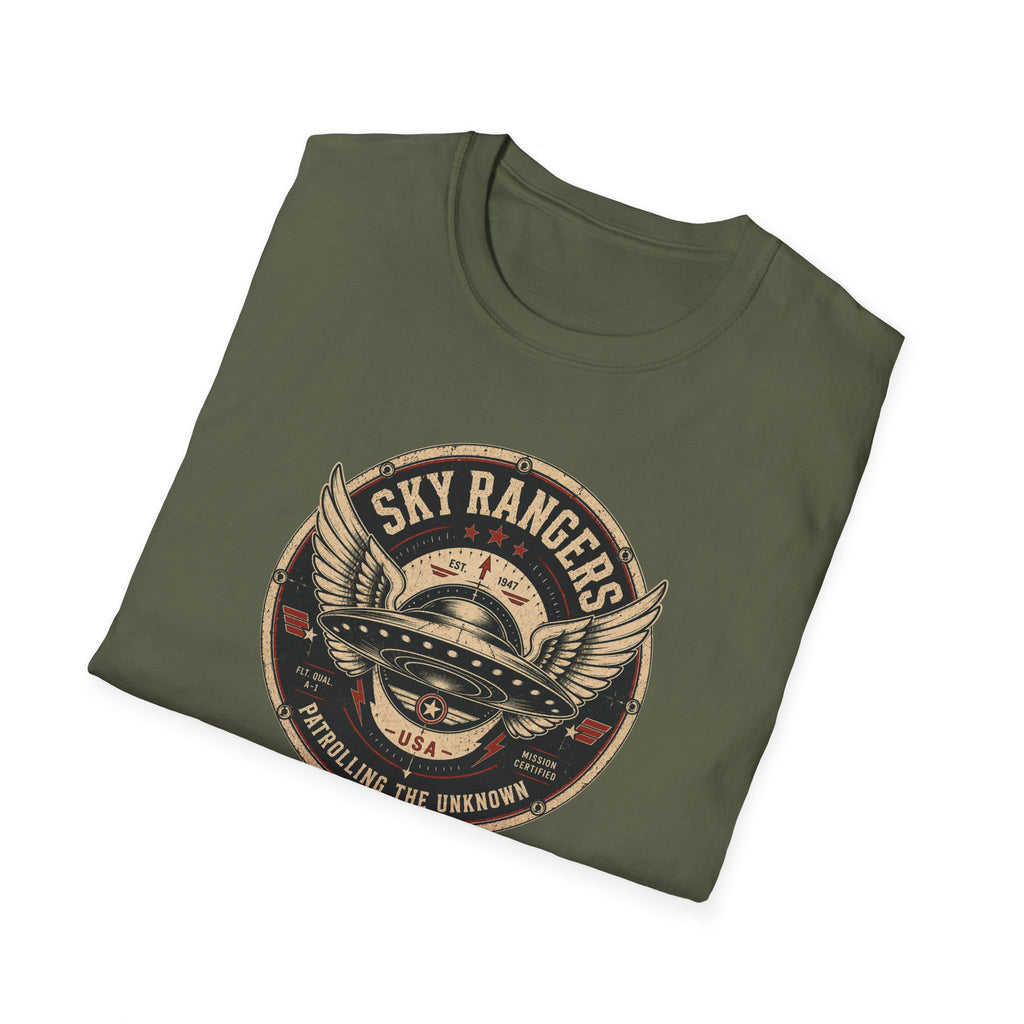 Sky Rangers UFO badge t-shirt with wings, saucer and vintage 1947 squadron patch design, folded, military green.