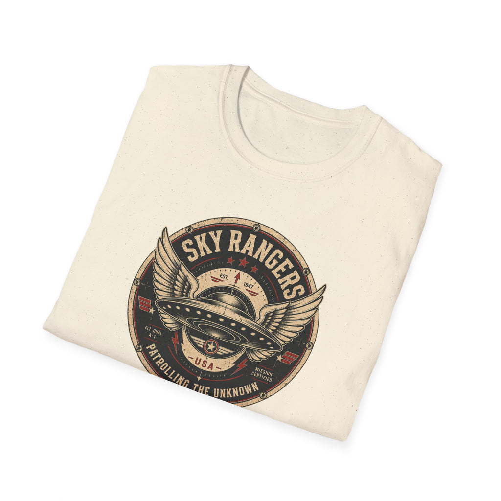 Sky Rangers UFO badge t-shirt with wings, saucer and vintage 1947 squadron patch design, folded, natural