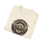 Sky Rangers UFO badge t-shirt with wings, saucer and vintage 1947 squadron patch design, folded, natural