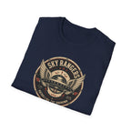 Sky Rangers UFO badge t-shirt with wings, saucer and vintage 1947 squadron patch design, folded, navy blue