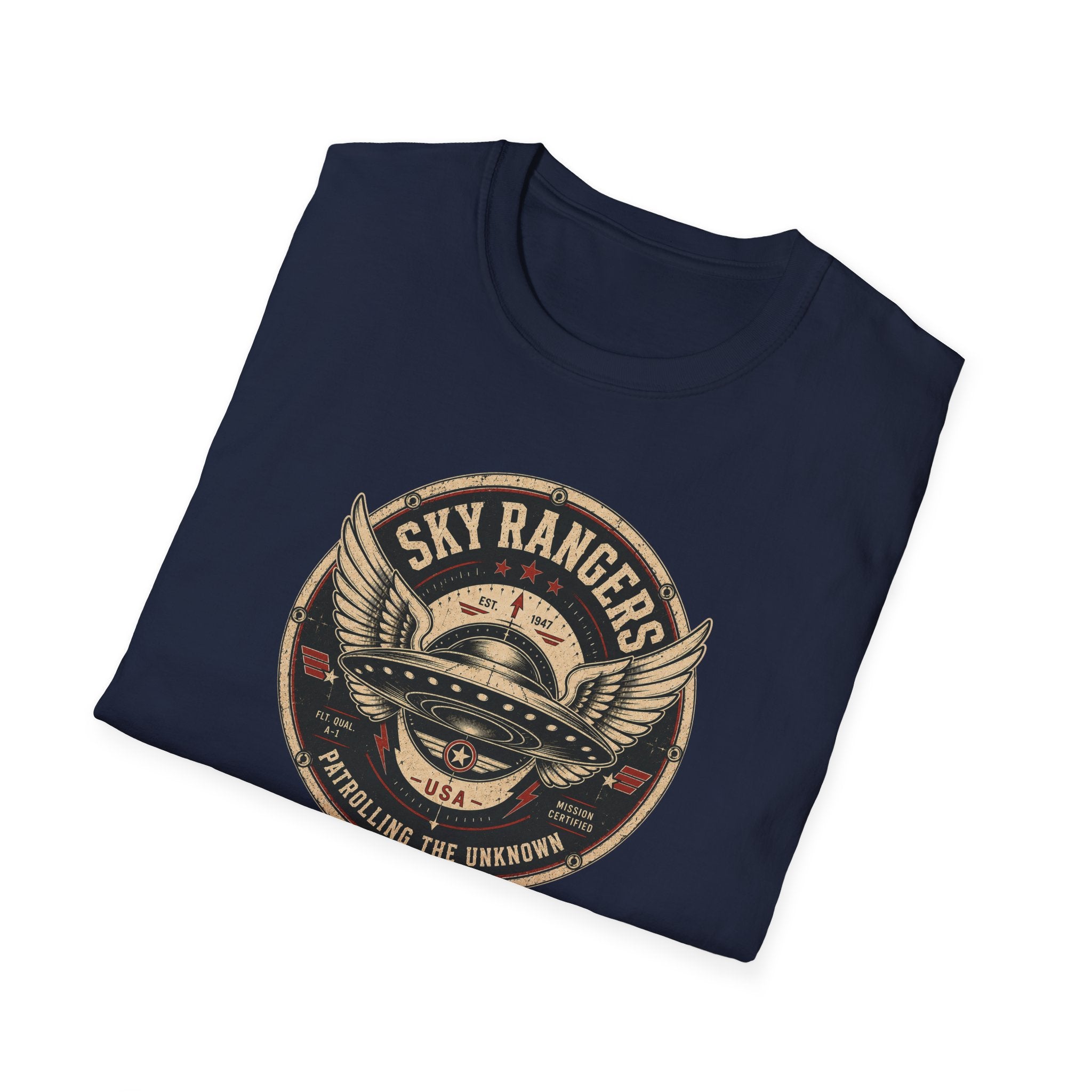 Sky Rangers UFO badge t-shirt with wings, saucer and vintage 1947 squadron patch design, folded, navy blue