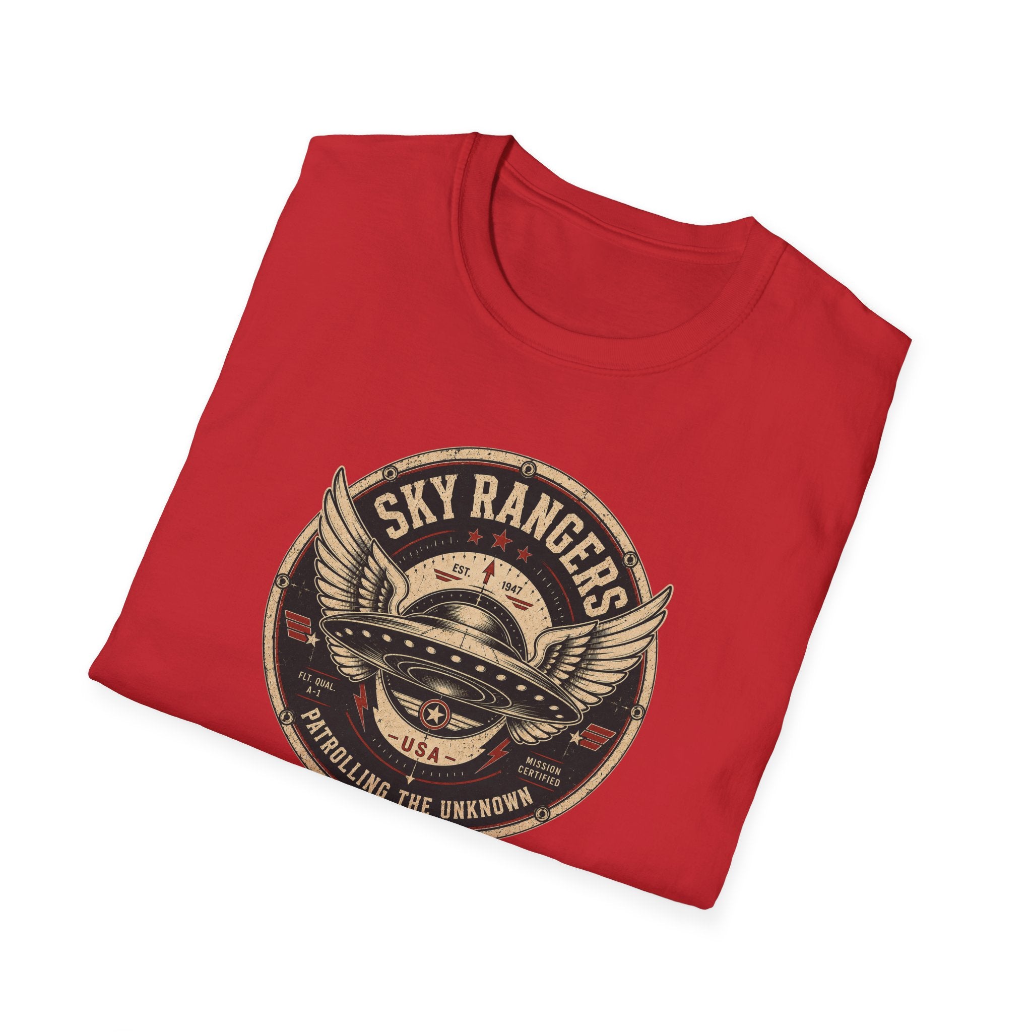 Sky Rangers UFO badge t-shirt with wings, saucer and vintage 1947 squadron patch design, folded, red