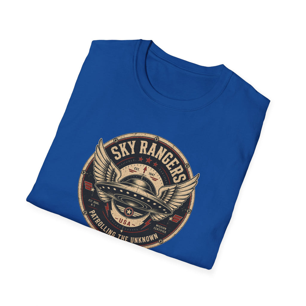 Sky Rangers UFO badge t-shirt with wings, saucer and vintage 1947 squadron patch design, folded, royal blue
