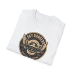 Sky Rangers UFO badge t-shirt with wings, saucer and vintage 1947 squadron patch design, folded, white