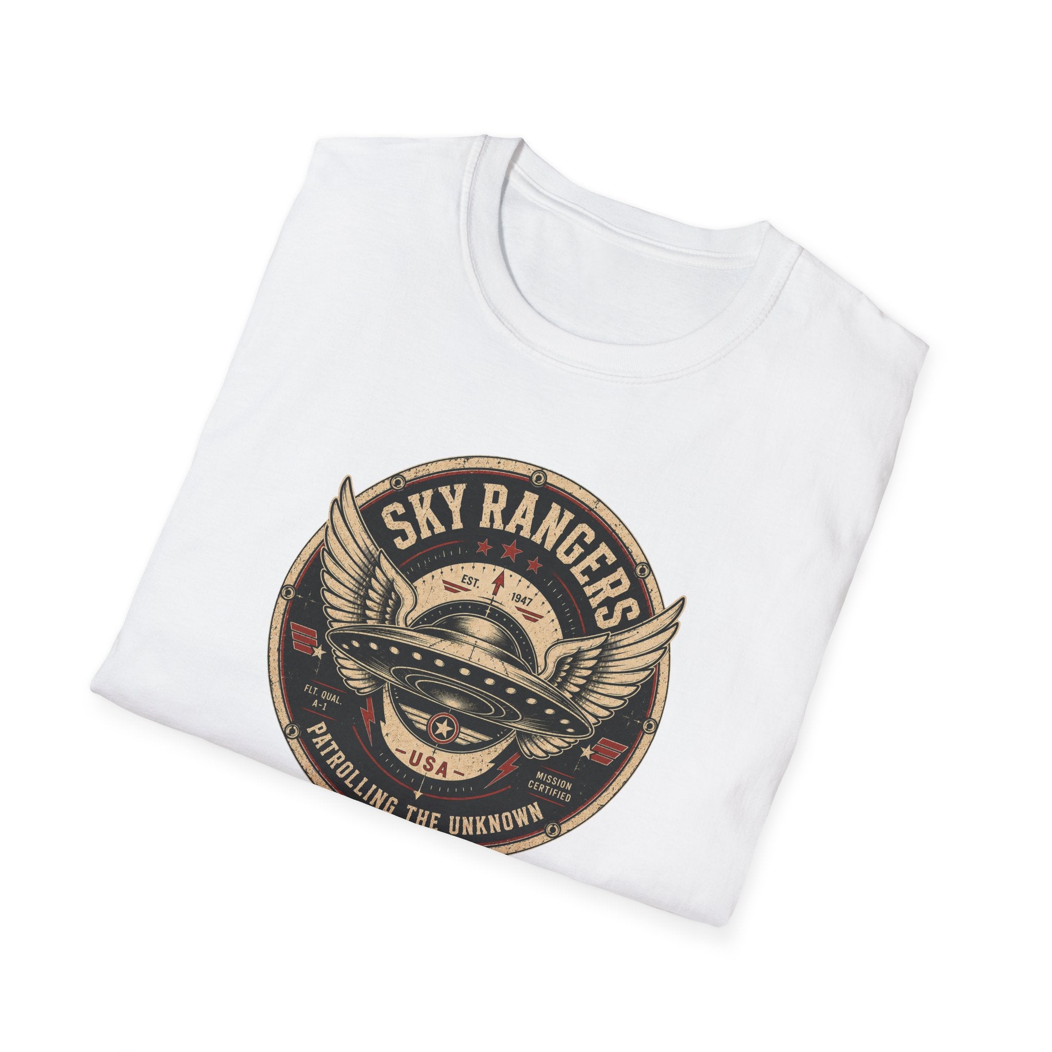 Sky Rangers UFO badge t-shirt with wings, saucer and vintage 1947 squadron patch design, folded, white