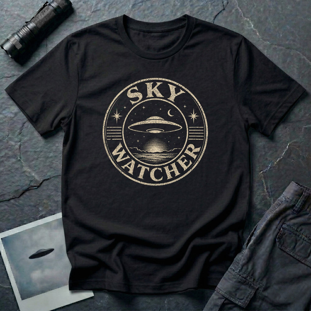 Black retro UFO t-shirt with a distressed circular badge showing a flying saucer over water at night with a crescent moon and the words SKY WATCHER in pale lettering