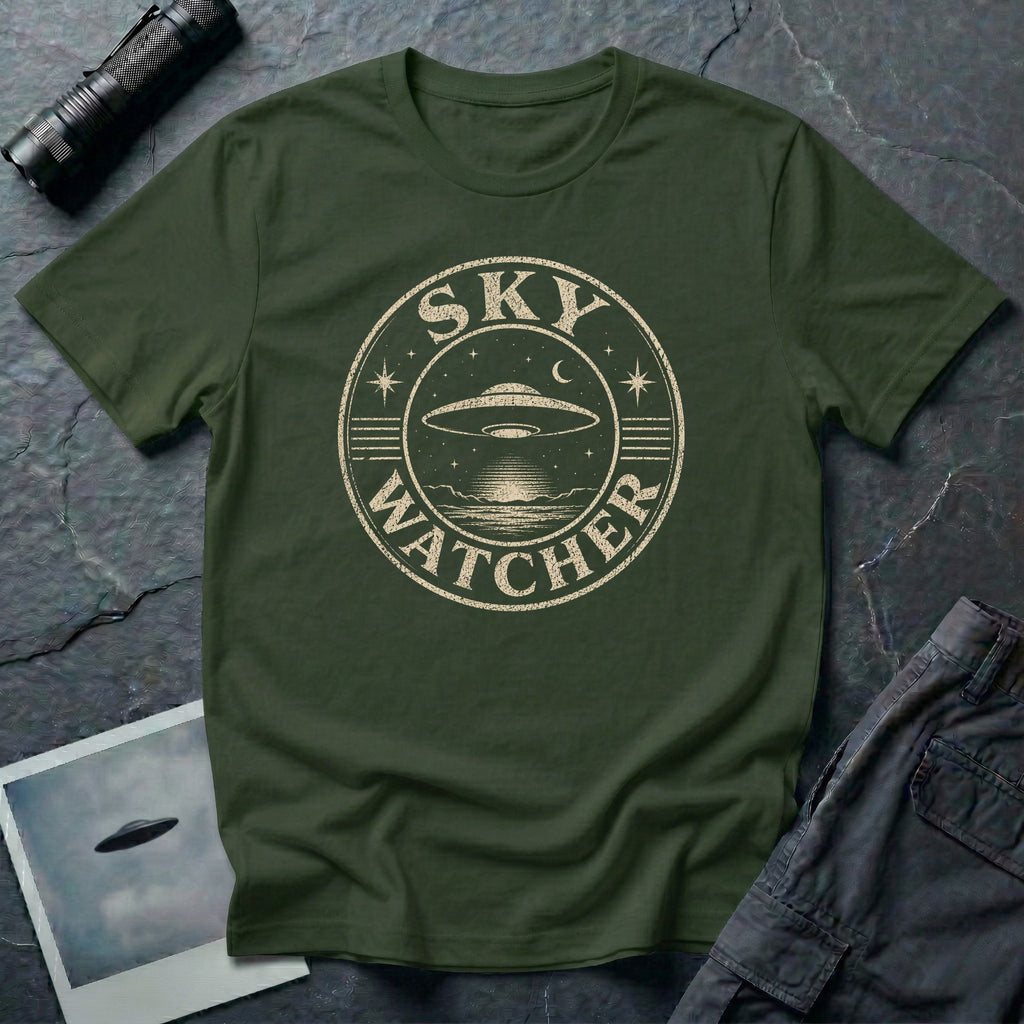 Military green retro UFO t-shirt with a distressed circular badge showing a flying saucer over water at night with a crescent moon and the words SKY WATCHER in pale lettering