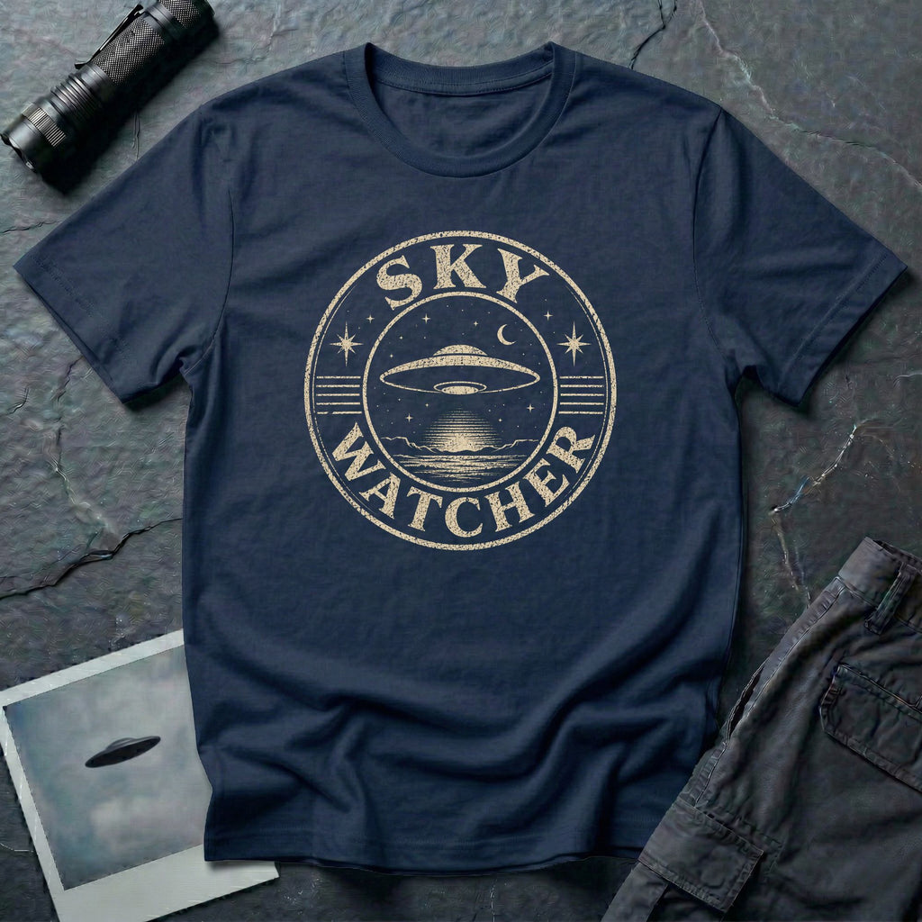 Navy blue retro UFO t-shirt with a distressed circular badge showing a flying saucer over water at night with a crescent moon and the words SKY WATCHER in pale lettering