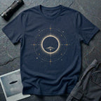 Navy blue UFO t-shirt with saucer silhouette inside solar eclipse and orbital sacred geometry design