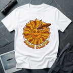 Solar Eclipse retro UFO t-shirt — smiling 1970s sun with flying saucer photobombing on white unisex cotton tee