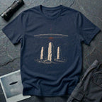 Navy blue UFO t-shirt with saucer hovering above ancient standing stones and orbital sky design