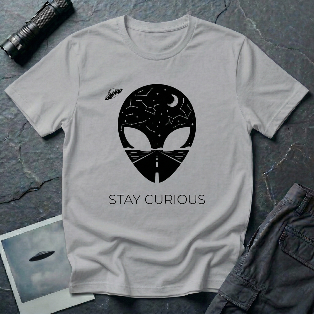 Stay Curious curious alien t-shirt — alien silhouette filled with starry sky above and open highway below with "Stay Curious" on grey cotton tee
