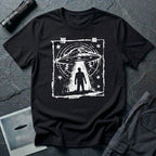 Black UFO t-shirt in styled as a distressed street flyer with saucer tractor beam and human silhouette