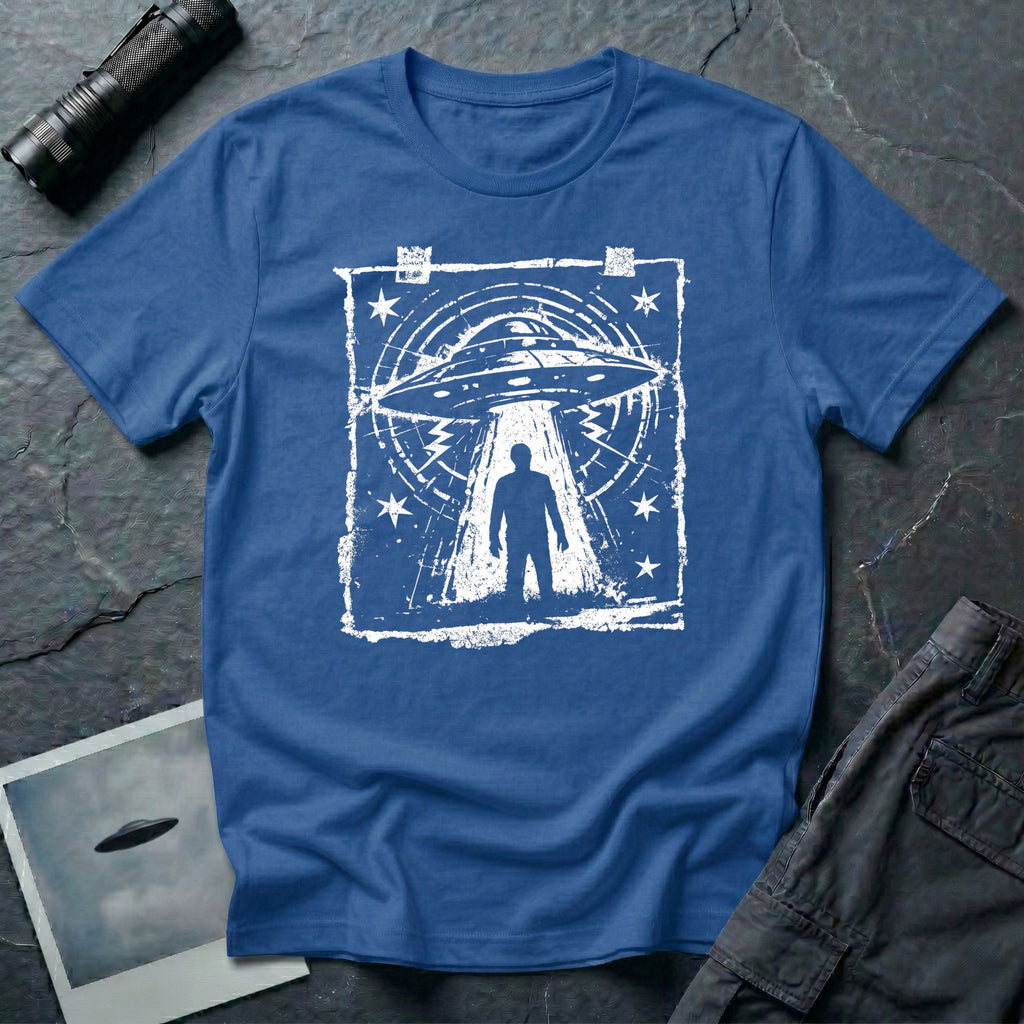 Blue UFO t-shirt in featuring distressed street flyer design with saucer tractor beam and human silhouette