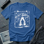 Blue UFO t-shirt in featuring distressed street flyer design with saucer tractor beam and human silhouette