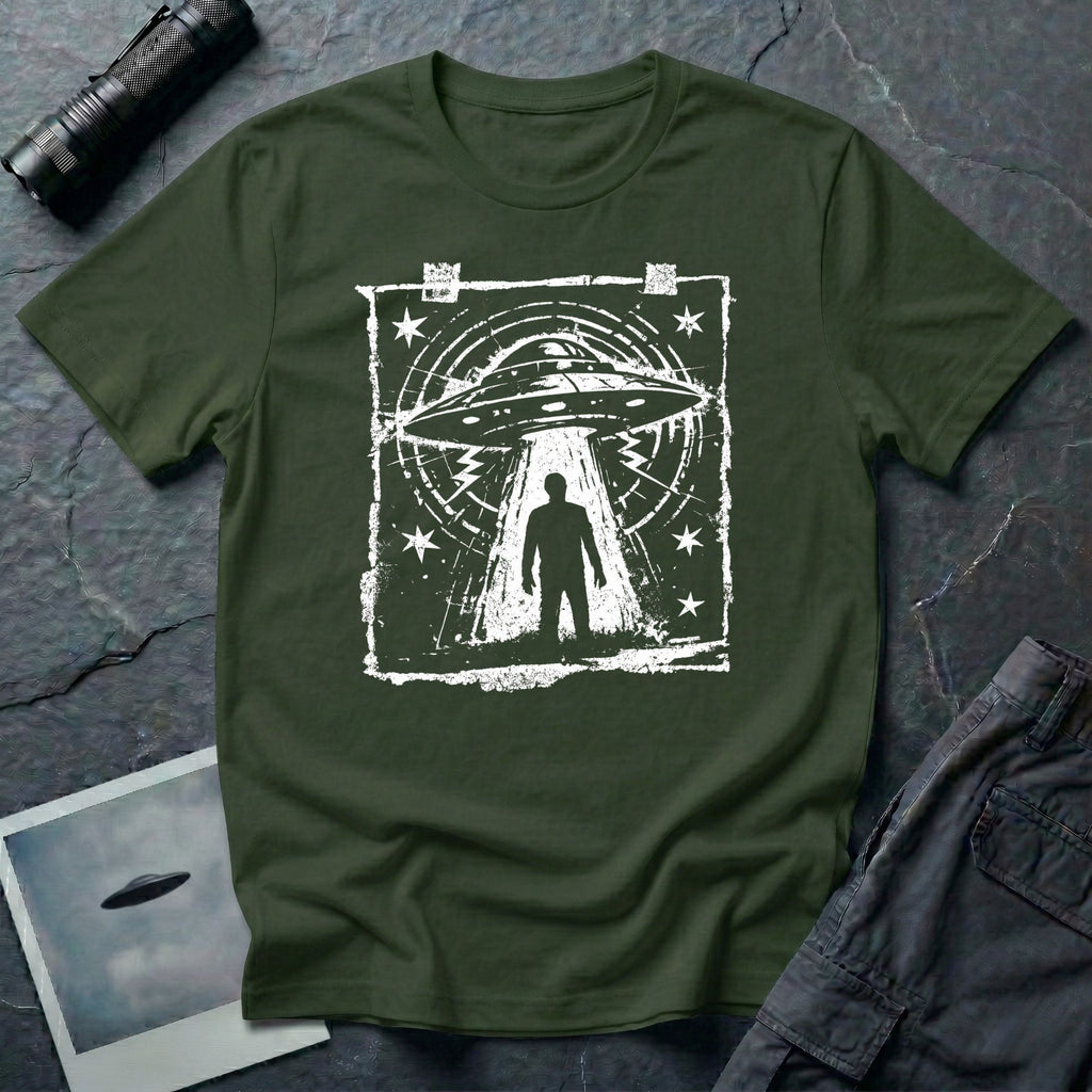 Green UFO t-shirt in styled as a distressed street flyer with saucer tractor beam and human silhouette