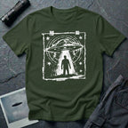 Green UFO t-shirt in styled as a distressed street flyer with saucer tractor beam and human silhouette