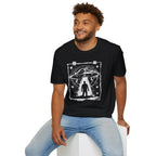 Man wearing black UFO t-shirt in styled as a distressed street flyer with saucer tractor beam and human silhouette