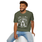 Man wearing green UFO t-shirt in featuring distressed street flyer design with saucer tractor beam and human silhouette
