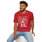 Man wearing red UFO t-shirt featuring distressed street flyer design with saucer tractor beam and human silhouette