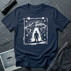 UFO t-shirt in navy blue featuring distressed street flyer design with saucer tractor beam and human silhouette