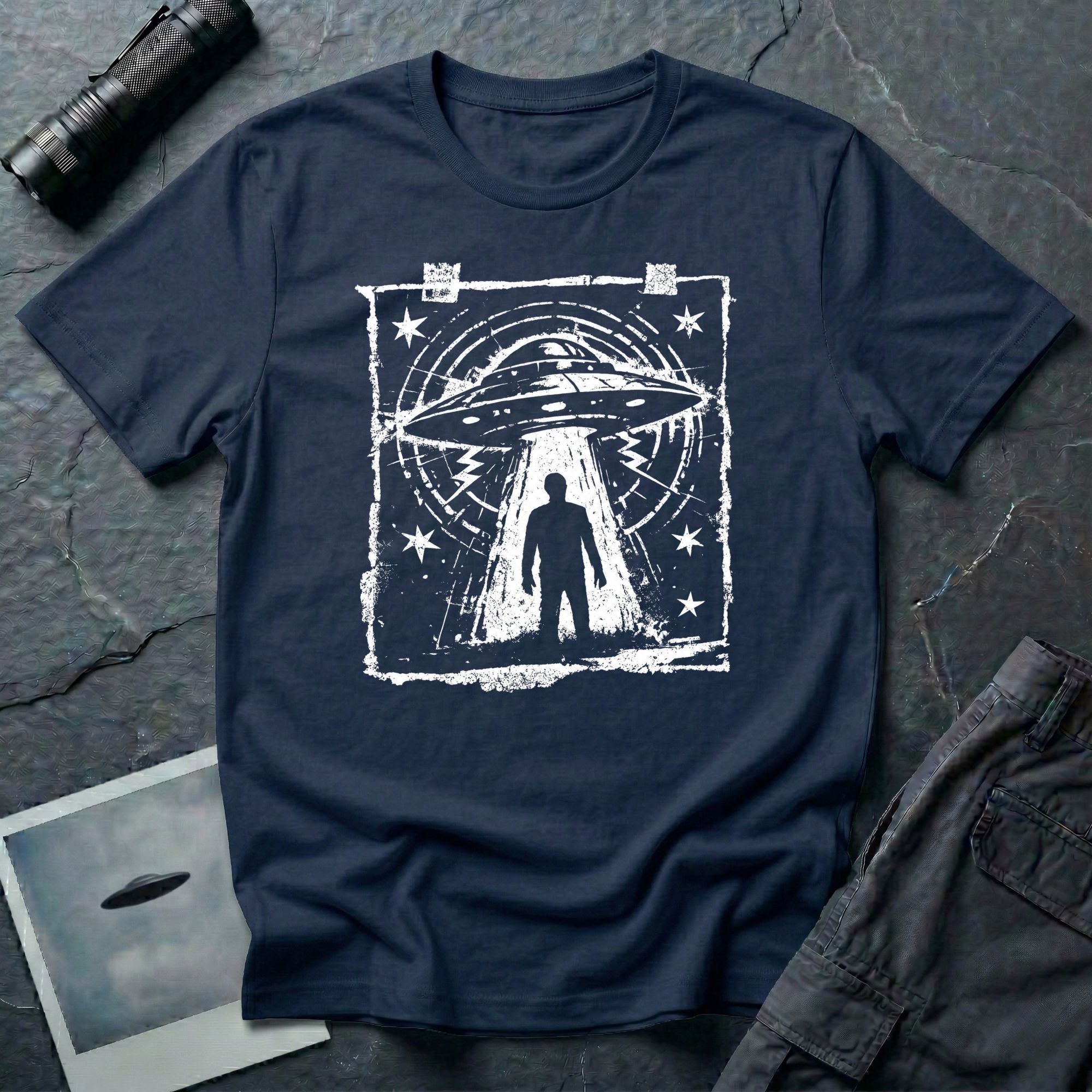 UFO t-shirt in navy blue featuring distressed street flyer design with saucer tractor beam and human silhouette