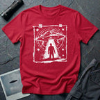 Red UFO t-shirt in featuring distressed street flyer design with saucer tractor beam and human silhouette