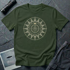 Military green t-shirt with cream radial sun wheel sacred geometry design and UFO at the centre