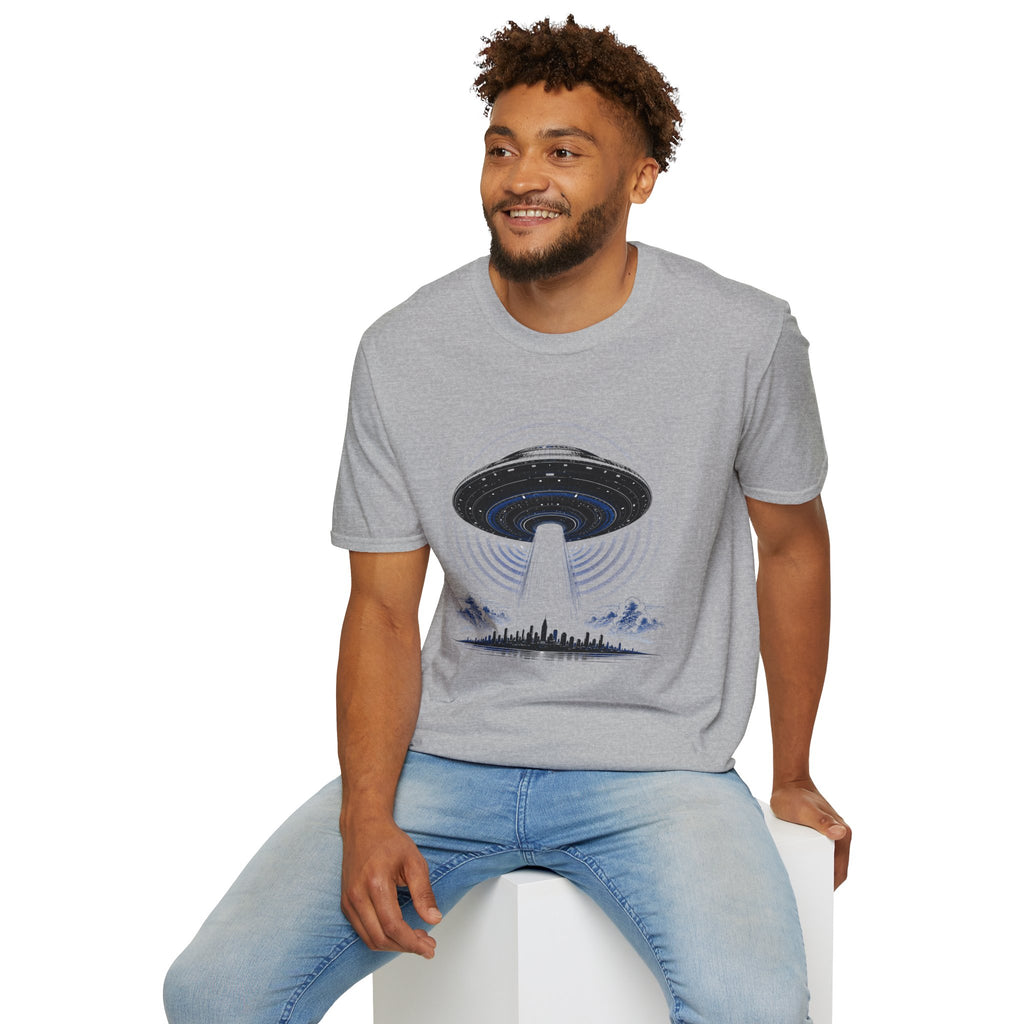UFO t-shirt with massive mothership beaming light over city skyline at night worn by man