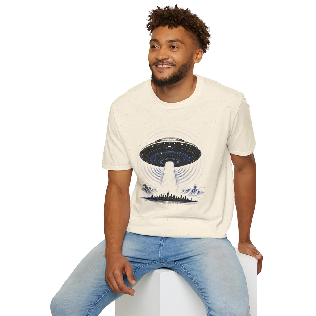 Natural UFO t-shirt with massive mothership beaming light over city skyline at night worn by man