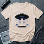 Natural coloured UFO t-shirt with massive mothership beaming light over city skyline at night