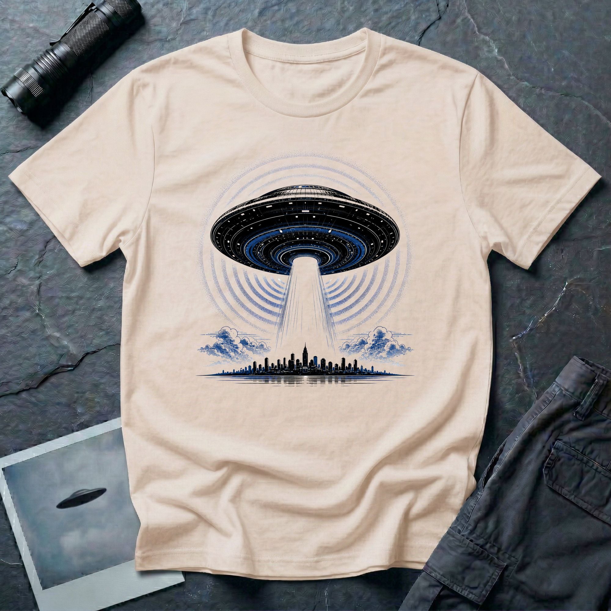 Natural coloured UFO t-shirt with massive mothership beaming light over city skyline at night