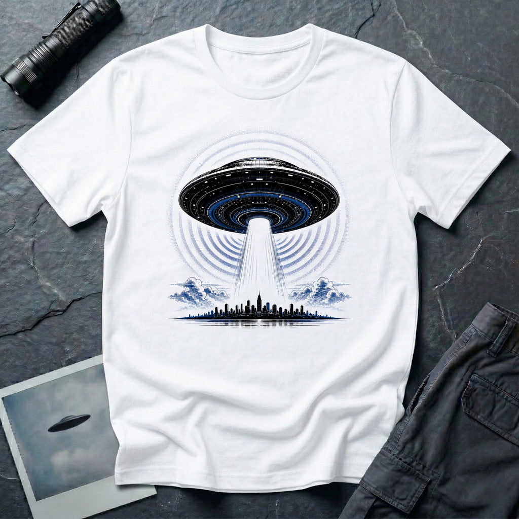 White UFO t-shirt with massive mothership beaming light over city skyline at night