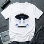 White UFO t-shirt with massive mothership beaming light over city skyline at night