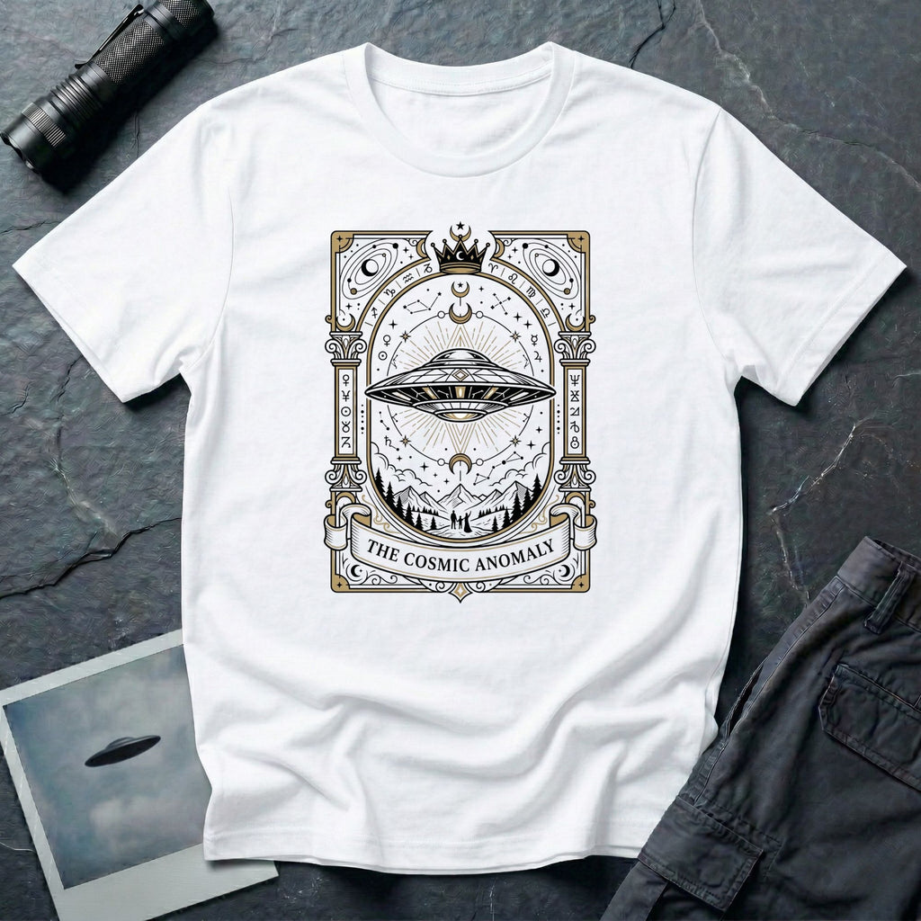 UFO tarot t-shirt with ornate saucer, zodiac glyphs, constellations and "The Cosmic Anomaly" banner
