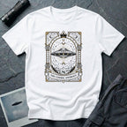 UFO tarot t-shirt with ornate saucer, zodiac glyphs, constellations and "The Cosmic Anomaly" banner