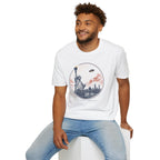 The Latest Arrival UFO t-shirt with Statue of Liberty greeting a descending saucer in engraved style, white tee