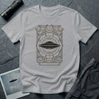 UFO tarot card t-shirt with disc craft surrounded by crescent moons and sacred geometry linework. Grey tee