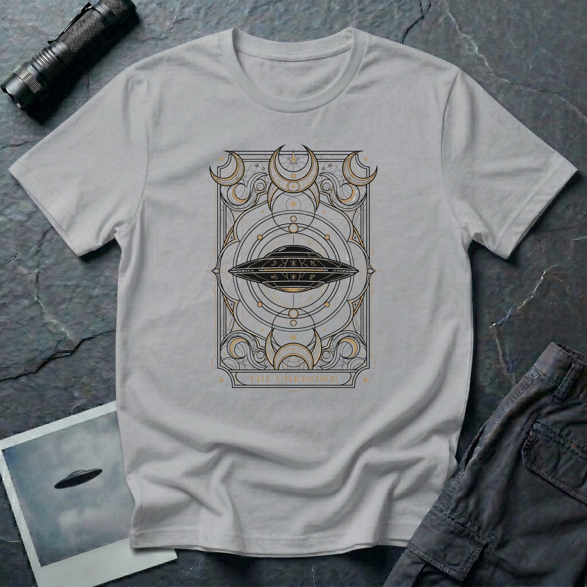 UFO tarot card t-shirt with disc craft surrounded by crescent moons and sacred geometry linework. Grey tee