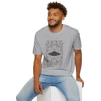 Man in grey UFO tarot card t-shirt with disc craft surrounded by crescent moons and sacred geometry linework