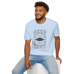 Man in light blue UFO tarot card t-shirt with disc craft surrounded by crescent moons and sacred geometry linework