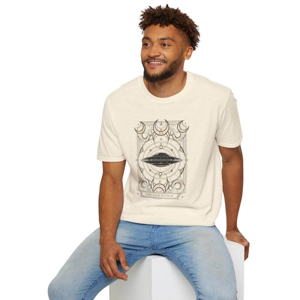 Man in UFO tarot card natural coloured t-shirt with disc craft surrounded by crescent moons and sacred geometry linework