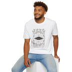Man in UFO tarot card white t-shirt with disc craft surrounded by crescent moons and sacred geometry linework