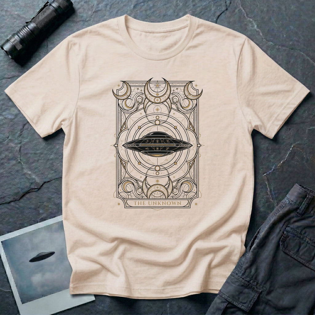 UFO tarot card natural coloured t-shirt with disc craft surrounded by crescent moons and sacred geometry linework