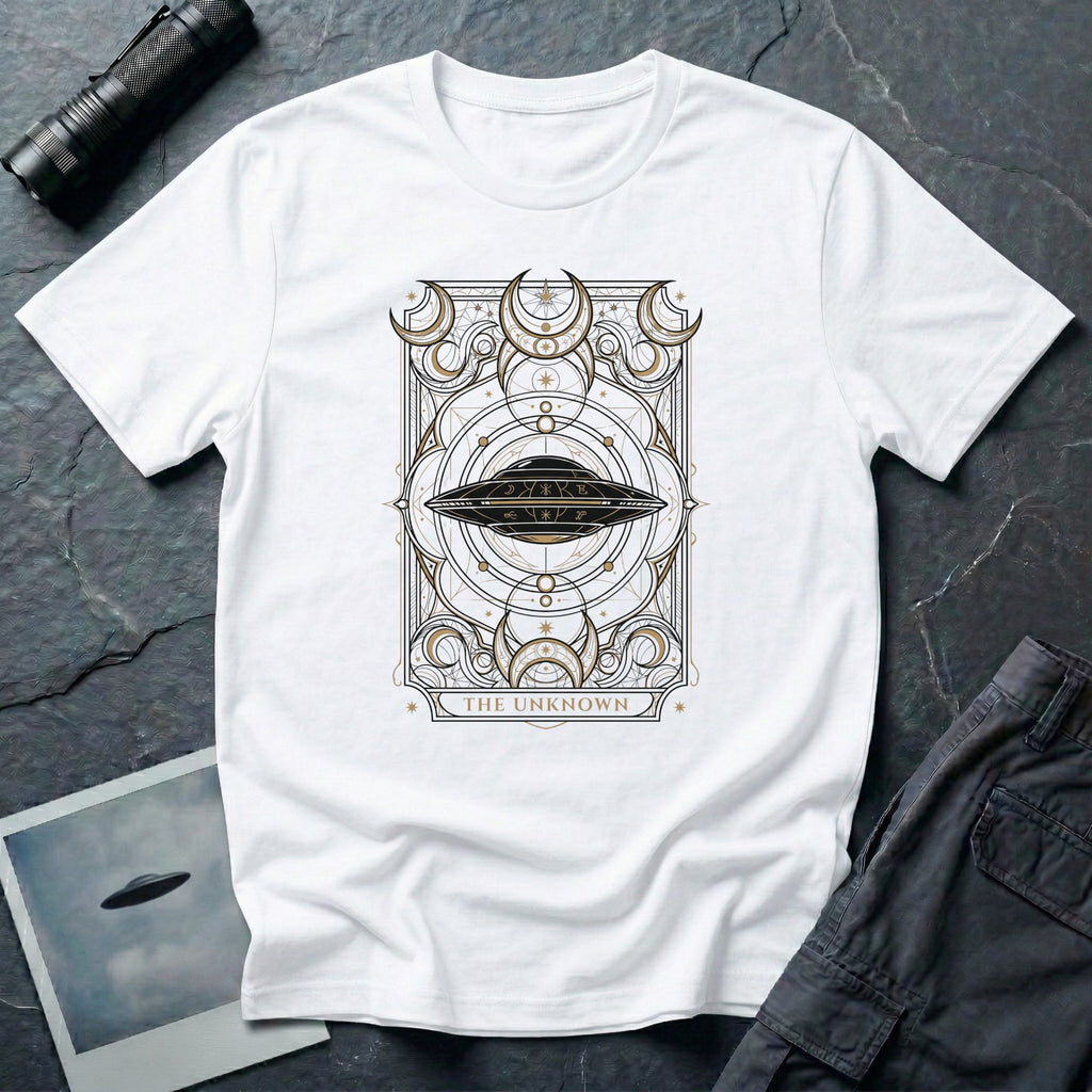 UFO tarot card t-shirt with flying saucer surrounded by crescent moons and sacred geometry linework