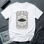 UFO tarot card t-shirt with flying saucer surrounded by crescent moons and sacred geometry linework